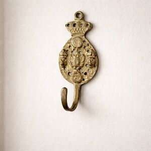 Vintage Cast Brass Ornate Figural Wall Hook Crown Crest Motif